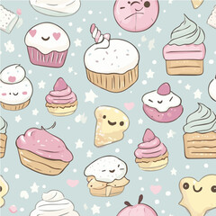 Seamless pattern with kawaii desserts