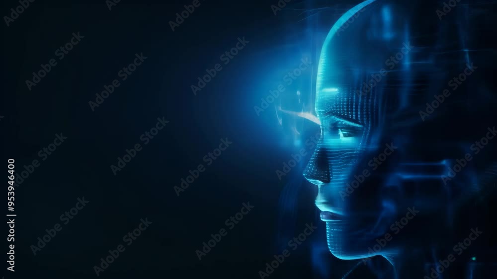 Poster digital face profile with glowing blue light, symbolizing ai and futuristic technology.