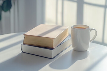 Two books stacked on a table beside a coffee mug by a window with sunlight streaming in