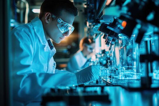 A man in a lab coat is wearing goggles and working with a microscope, generative ai image