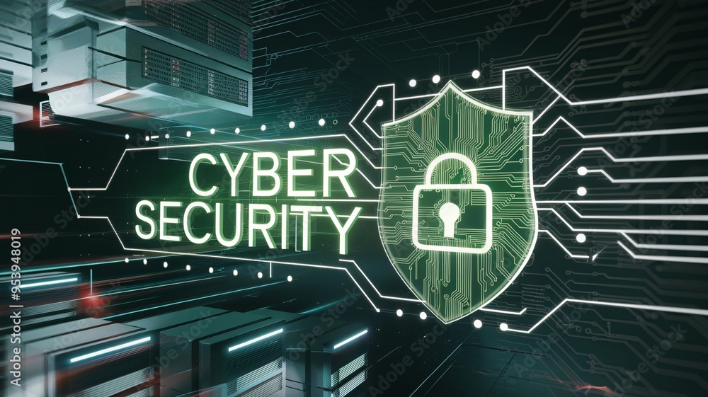 Poster cyber fortress: glowing shield and lock icon safeguarding digital data within a futuristic server ro