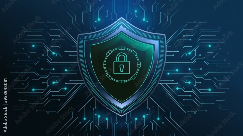 Poster cybersecurity shield: a gleaming shield with a glowing padlock emblem sits at the heart of a digital