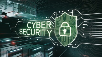 Cyber Fortress: Glowing shield and lock icon safeguarding digital data within a futuristic server room, representing cybersecurity and data protection. 