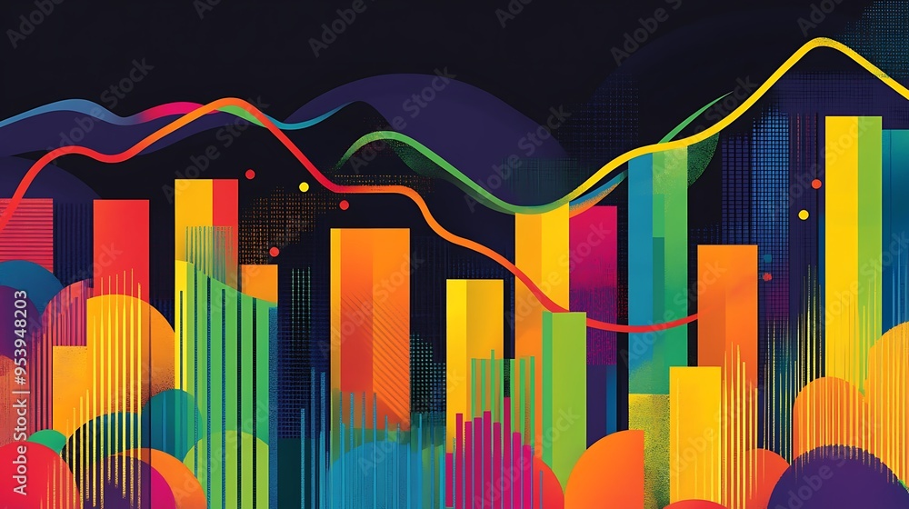 Poster abstract colorful geometric shapes with lines and curves on a dark background