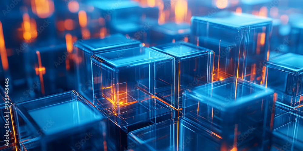 Poster abstract composition of glowing blue and orange rectangular blocks in a digital environment during n