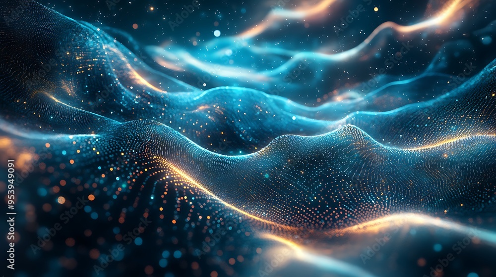 Poster abstract wavy pattern with glowing particles