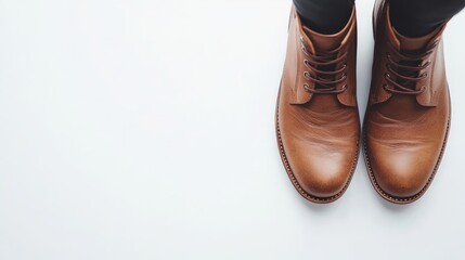 Stylish brown leather boots with laces against a white background, showcasing classic craftsmanship and timeless design with copy space