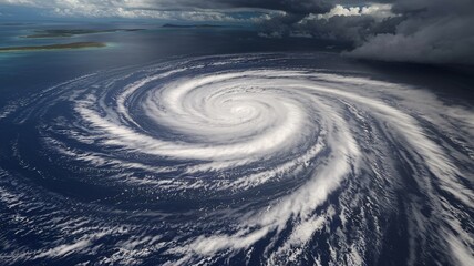 Whirlwind of Power: A mesmerizing aerial view of a swirling hurricane in the vast expanse of the ocean. The storm's powerful energy is evident in the rotating clouds, creating a dramatic and awe-inspi