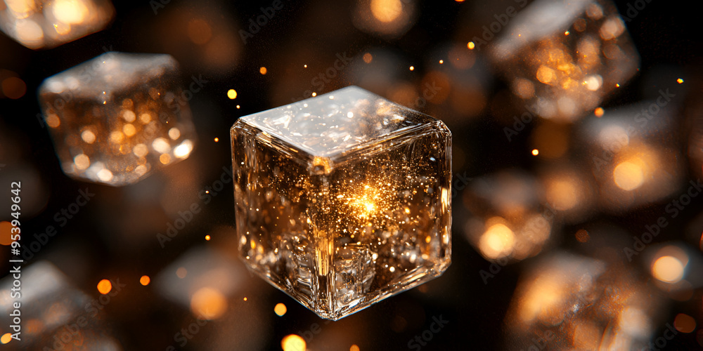 Poster floating crystalline gold cubes sparkling in a dark background with light reflections and glowing pa