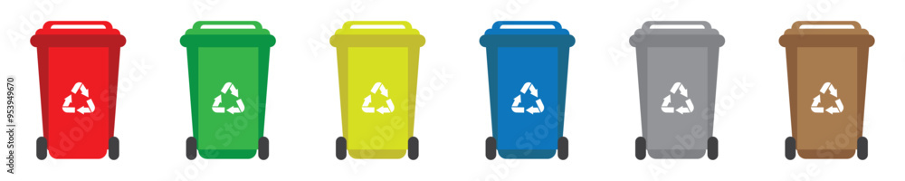 Poster garbage bins set. waste sorting containers. colorful trash cans with recycling icon. vector illustra
