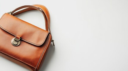 Naklejka premium Close-up of vintage-style brown leather handbag with brass hardware on white background, highlighting craftsmanship and timeless design