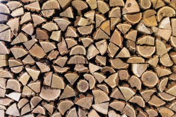 A woodpile with harvesting and stacked firewood of chopped wood.