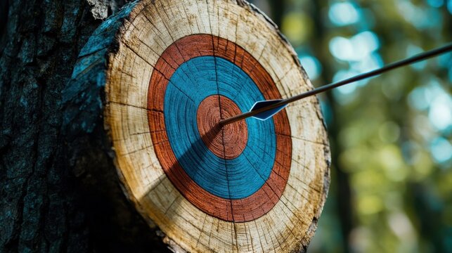 Archery target with a blue and red bullseye hit by an arrow in a wooded area during daylight