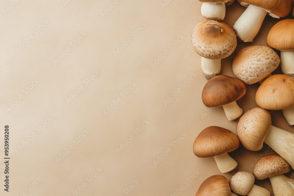 Poster a bunch of mushrooms are arranged in a row on a table. the mushrooms are of different sizes and colo