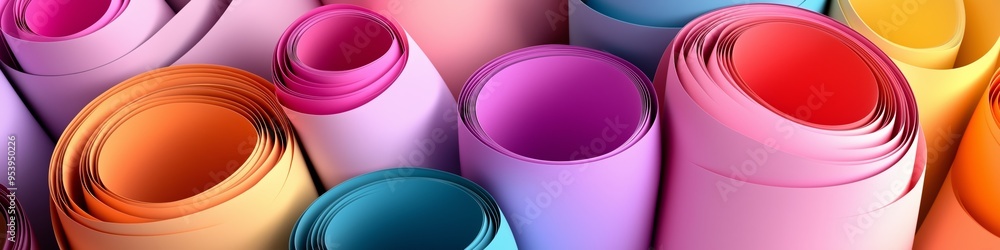 Poster a bunch of colorful rolls of paper are displayed in a row. the rolls are of different colors and siz