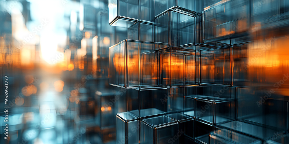 Aufkleber a close-up view of transparent glass cubes reflecting warm sunlight during twilight in an abstract u