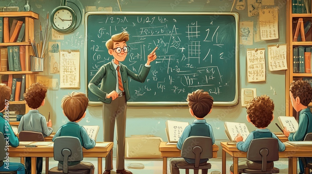 Poster engaging math lesson in a vibrant classroom setting with teacher and students interacting playfully