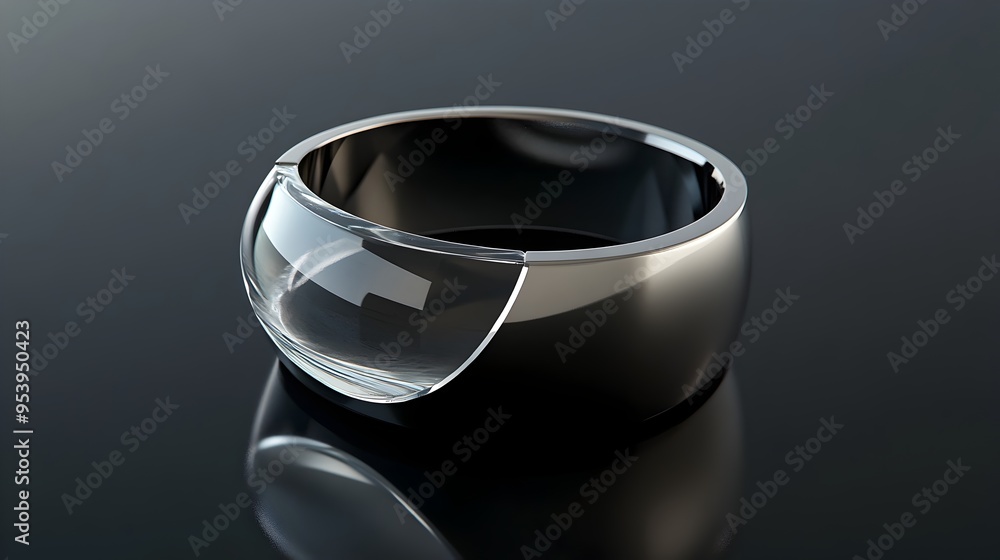 Poster elegant and modern glass ring with a clear glass inlay set in a polished titanium band displayed on 