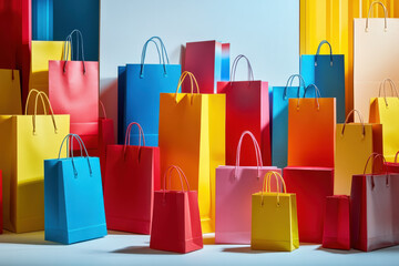 Colorful shopping bags standing in a retail store setting