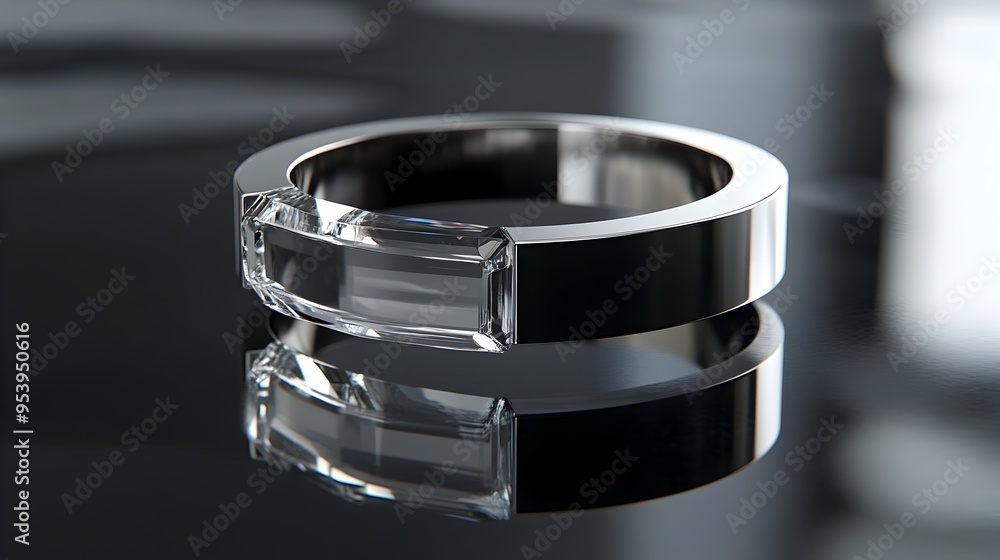 Aufkleber sleek and contemporary glass ring set in a polished titanium band displayed on a glossy black surfac