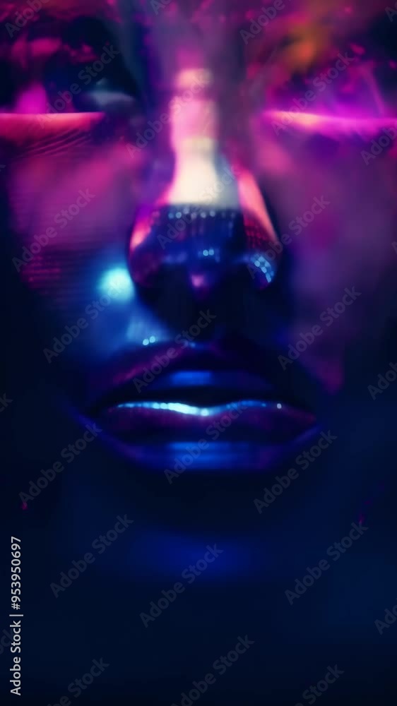 Poster abstract close-up of a futuristic humanoid face with vibrant neon colors. represents ai and digital 
