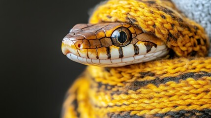 Obraz premium A vibrant snake wrapped in colorful knitted fabric showcases intricate patterns and textures in a cozy indoor setting. Symbol of 2025 New year.