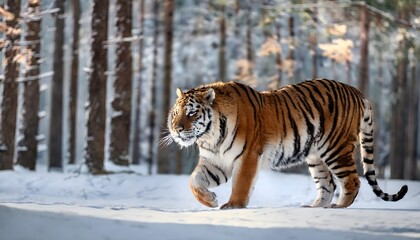 Obraz premium A close-up shot of an Amur tiger prowling through a dense Siberian forest, its vibrant fur contrasting against the snowy landscape. 