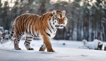 Obraz premium A close-up shot of an Amur tiger prowling through a dense Siberian forest, its vibrant fur contrasting against the snowy landscape. 