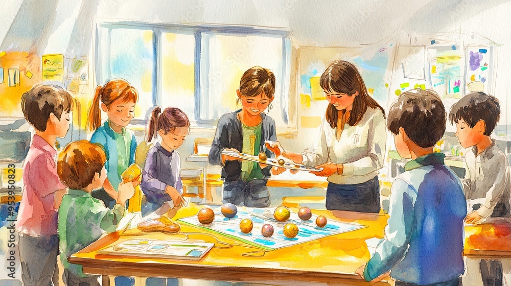 Poster educational exploration: teacher assisting students in solar system science project in colorful clas