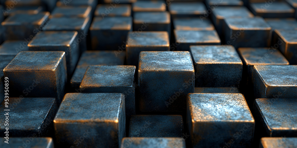 Poster textured arrangement of metallic cubes illuminated in a dark environment showcasing depth and reflec