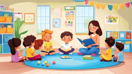 Joyful Classroom Storytime - Happy Teacher Reading to Kids in Colorful Educational Setting
