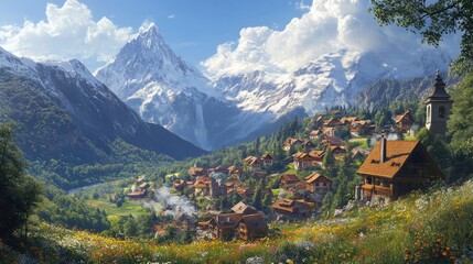 Fototapeta premium Charming Village Nestled in the Swiss Alps