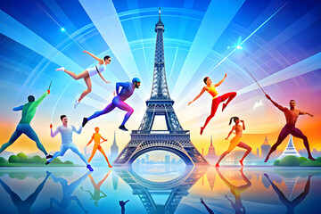 Abstract Artwork of Athletes Competing with Paris Olympics Eiffel Tower in Paris background
