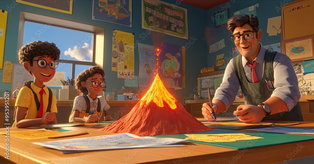 Poster dynamic science class - teacher and students conducting volcano experiment with educational posters 