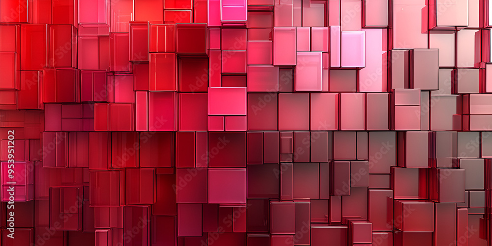 Poster textured arrangement of overlapping red cubes creating a dynamic visual composition with various sha