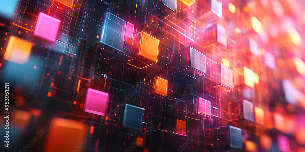 Poster colorful abstract digital cubes illuminated in a dynamic pattern on a dark background, showcasing te