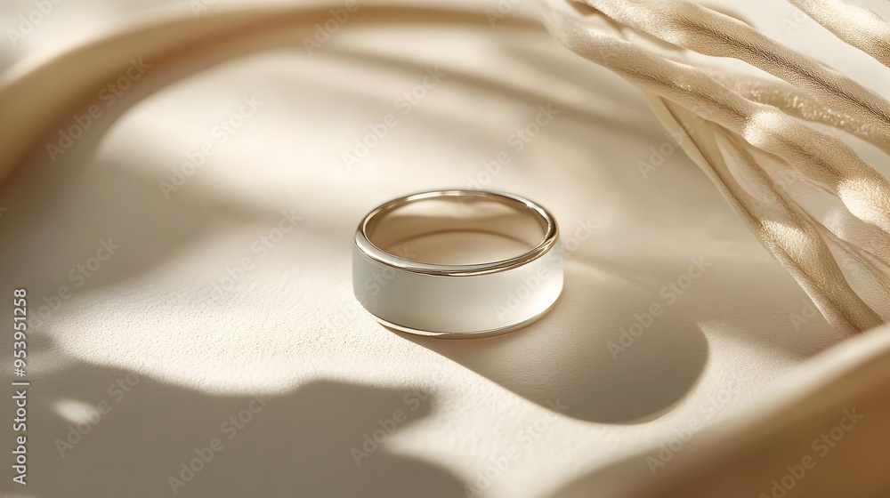 Aufkleber a sleek and modern platinum ring with a smooth frosted glass inlay displayed on a soft neutral backd
