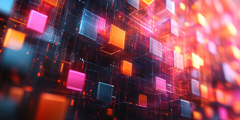 Colorful abstract digital cubes illuminated in a dynamic pattern on a dark background, showcasing technological depth and vibrancy