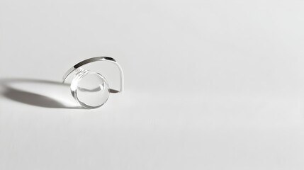 A minimalist glass ring featuring a small round clear glass bead set on a thin silver band lying on a plain white background that emphasizes the simplicity and purity of the design