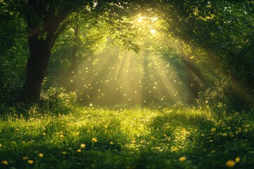 Fototapeta premium Blur background of sunlight shining though the tree with grass field. Soft light nature photography. Peaceful nature and solitude concept. Design for relaxation and meditation spaces. Clean. Spate.