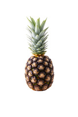 A fresh pineapple with a vibrant green crown and a textured golden-brown exterior, isolated background.