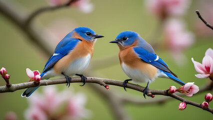 Two Birds with Bright Blue and Orange Plumage Perched on a Branch Adorned with Pink Blossoms, Highlighted Against a Softly Blurred Background.