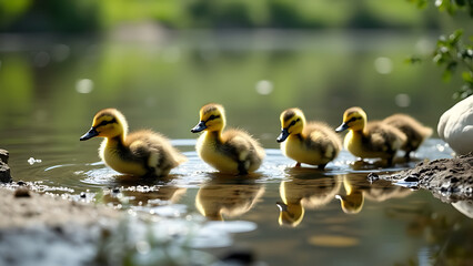 Group of Five Ducklings Following Each Other in a Line on the Water, Capturing a Moment of Natural Behavior in a Serene Pond or Lake Setting.