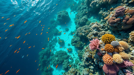 Naklejka premium Underwater Coral Reef Scene: A Vibrant Display of Marine Biodiversity with Sunlight Filtering Through Clear Waters.