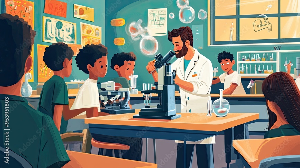 Poster exploring science - teacher conducting colorful classroom experiment with microscope and students am