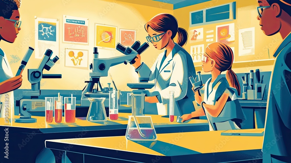 Poster engaging science experiment in classroom - teacher and students exploring microscopy and lab equipme