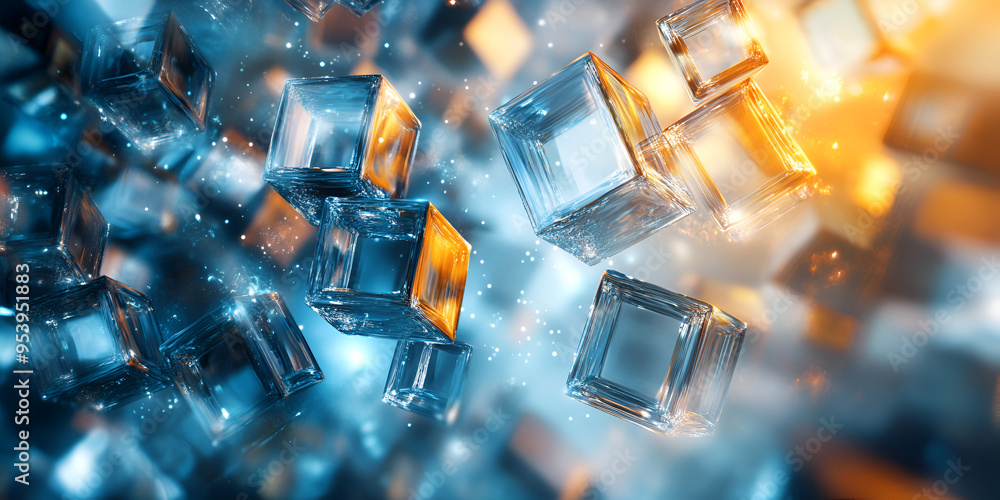 Aufkleber Floating translucent cubes creating a vibrant light effect in a blue and orange space during a surreal artistic experience