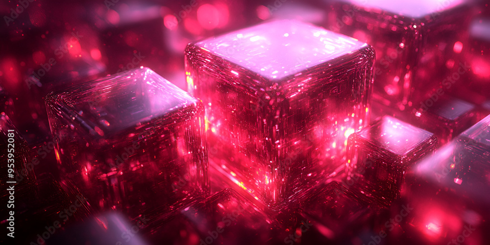 Poster glowing red crystalline cubes illuminated with vibrant light in a digitally created abstract environ