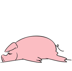 Cute pink pig lying on the floor happily resting with a big smile and a very twitchy little tail