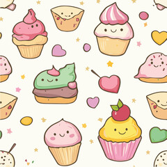 Seamless pattern with kawaii desserts